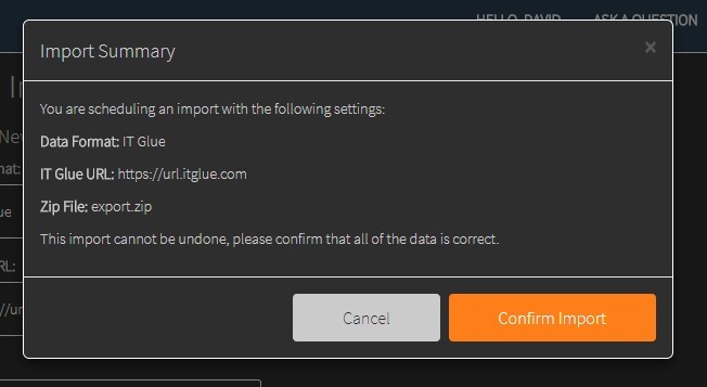 Confirm ITGlue import